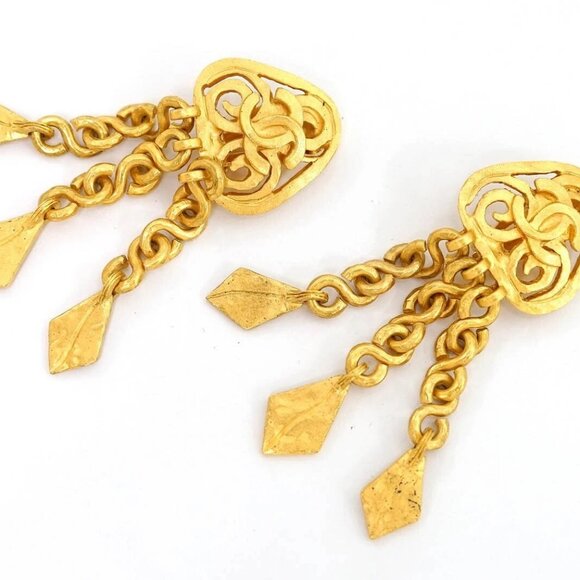 CHANEL CC Logos Fringe Dangle Clip-On Earrings Gold Tone 95P Auth #32662 - Picture 4 of 5